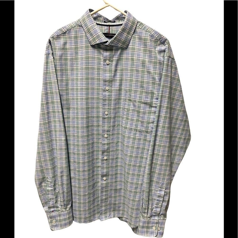 Tommy Hilfiger, long sleeve button up, blue and green plaid, size extra-large